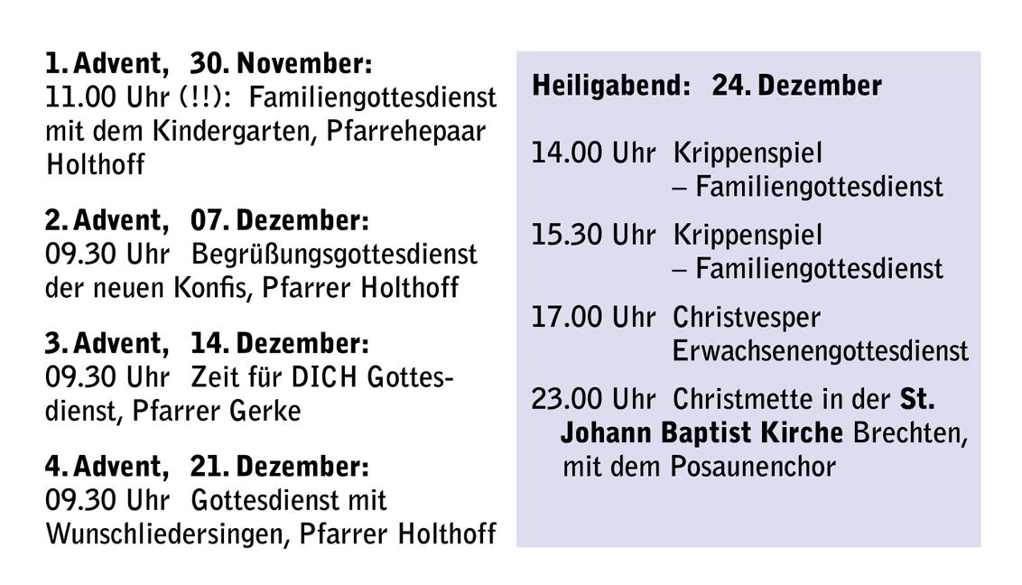Gottesdienste im Advent und Heiligabend